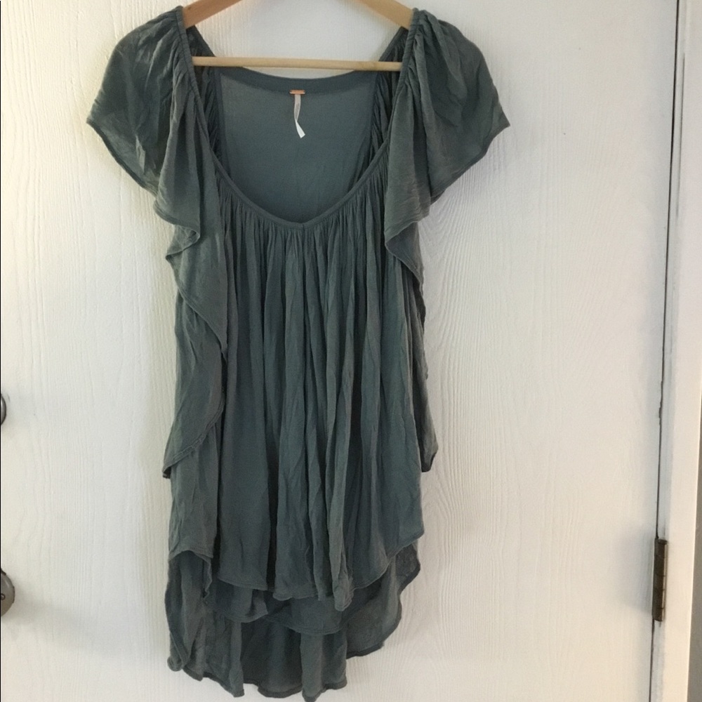 Free People Sage Green Ruffle Short Sleeve Tunic
